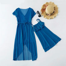 Load image into Gallery viewer, LILIGIRL Mom and daughter dress Chiffon Solid Belt Irregular Dress Family Matching Clothes Fashion Mother Daughter Dresses
