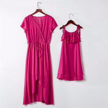 Load image into Gallery viewer, LILIGIRL Mom and daughter dress Chiffon Solid Belt Irregular Dress Family Matching Clothes Fashion Mother Daughter Dresses
