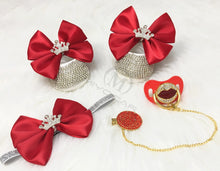 Load image into Gallery viewer, MIYOCAR red lip bling pacifier and clip set with princess red bow bling first walker shoes set unique sexy baby shower set C1
