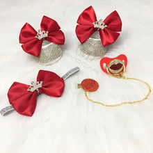 Load image into Gallery viewer, MIYOCAR red lip bling pacifier and clip set with princess red bow bling first walker shoes set unique sexy baby shower set C1
